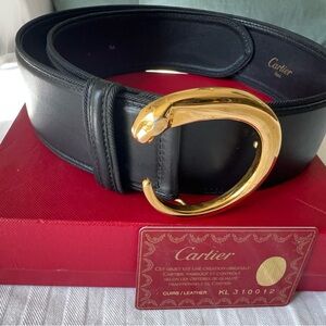 CARTIER Must de Cartier Panthere women's belt black leather gold jaguar buckle